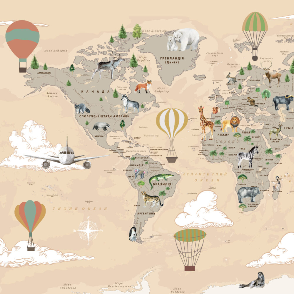 Un mapa con animales de acuarela
