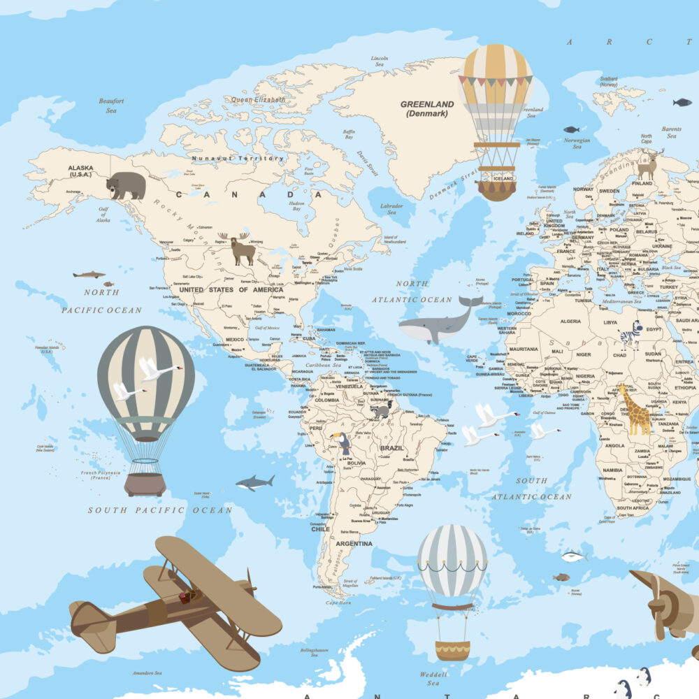 Mapa con globos azules y aviones