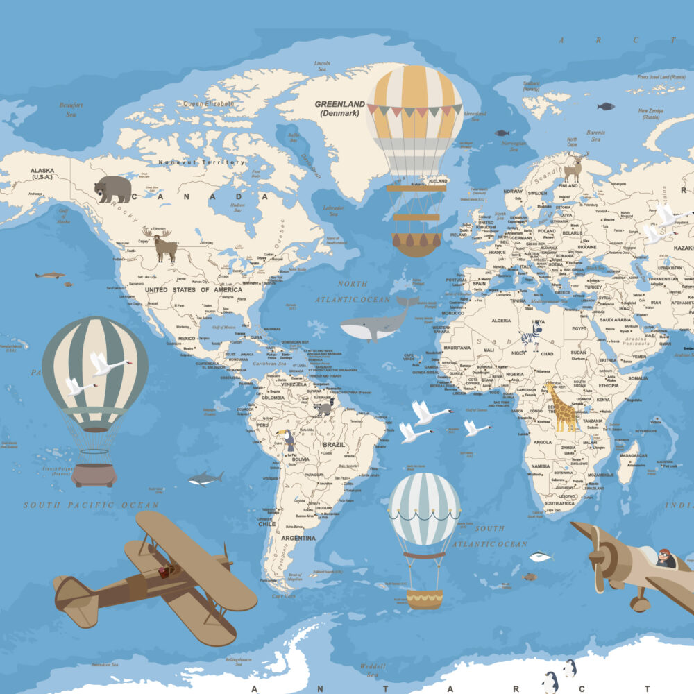Mapa con globos azules y aviones