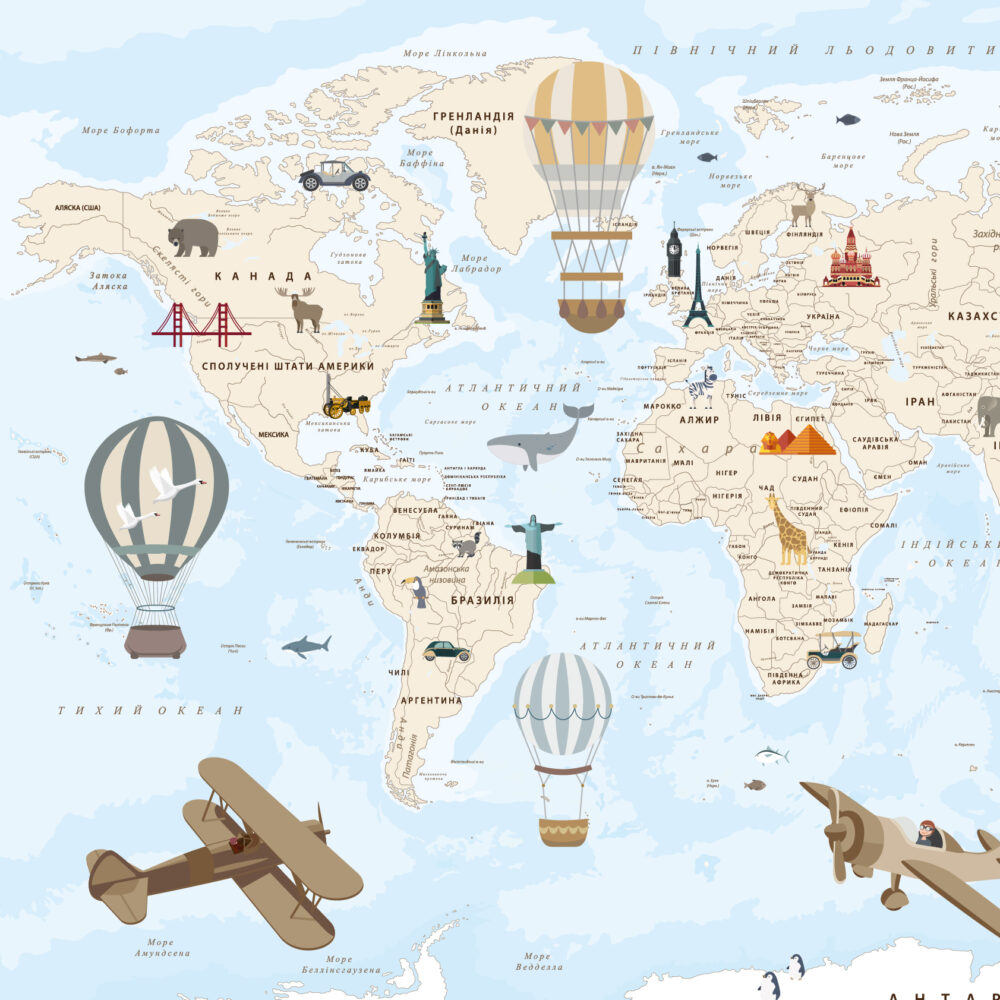 Un mapa con globos y aviones
