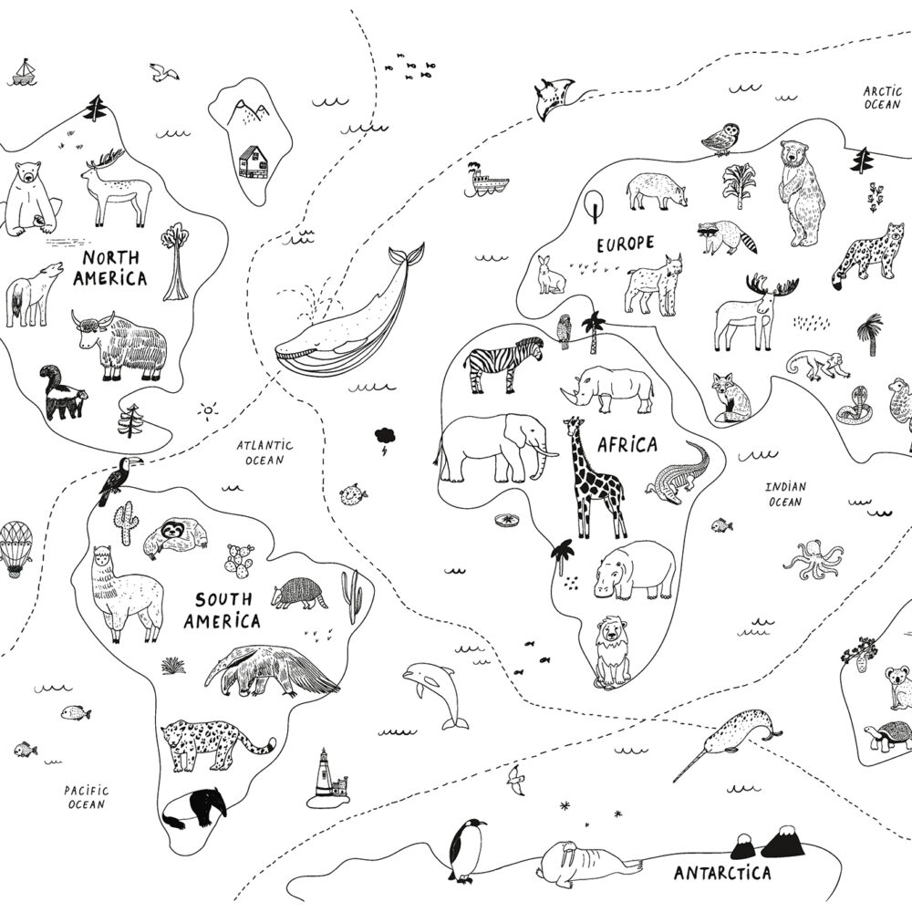 Mapa en blanco y negro con dibujos de animales