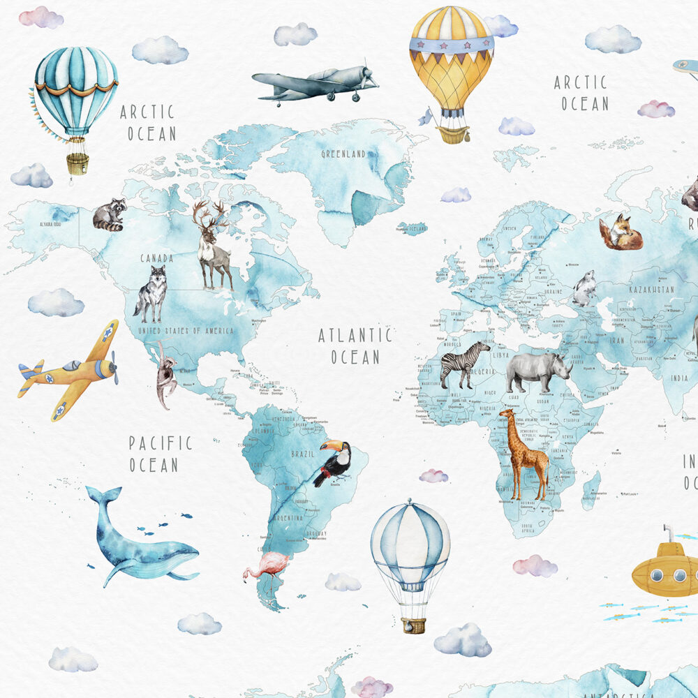 Mapa en acuarela con animales azules