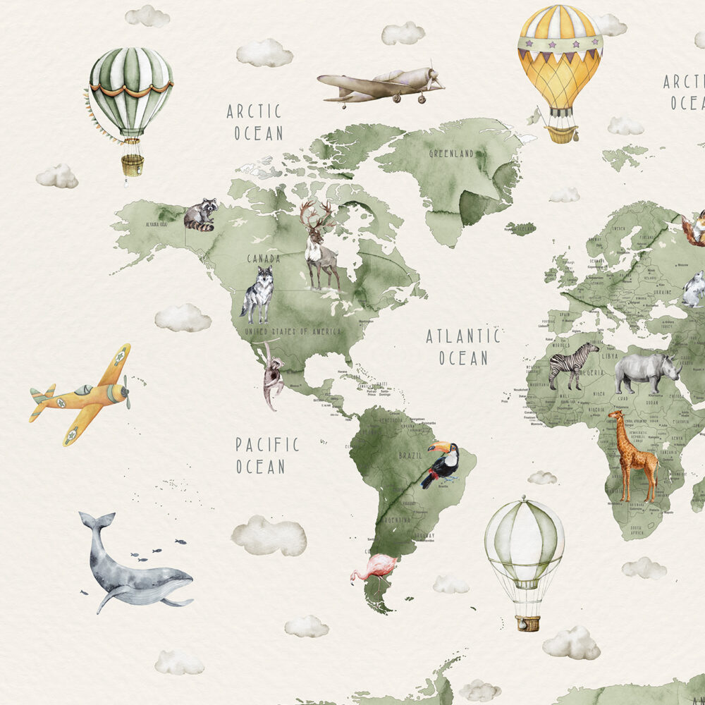Mapa en acuarela verde con animales