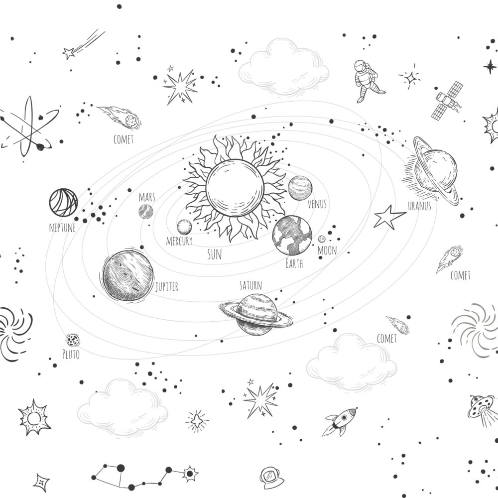 Mapa de los planetas en blanco y negro