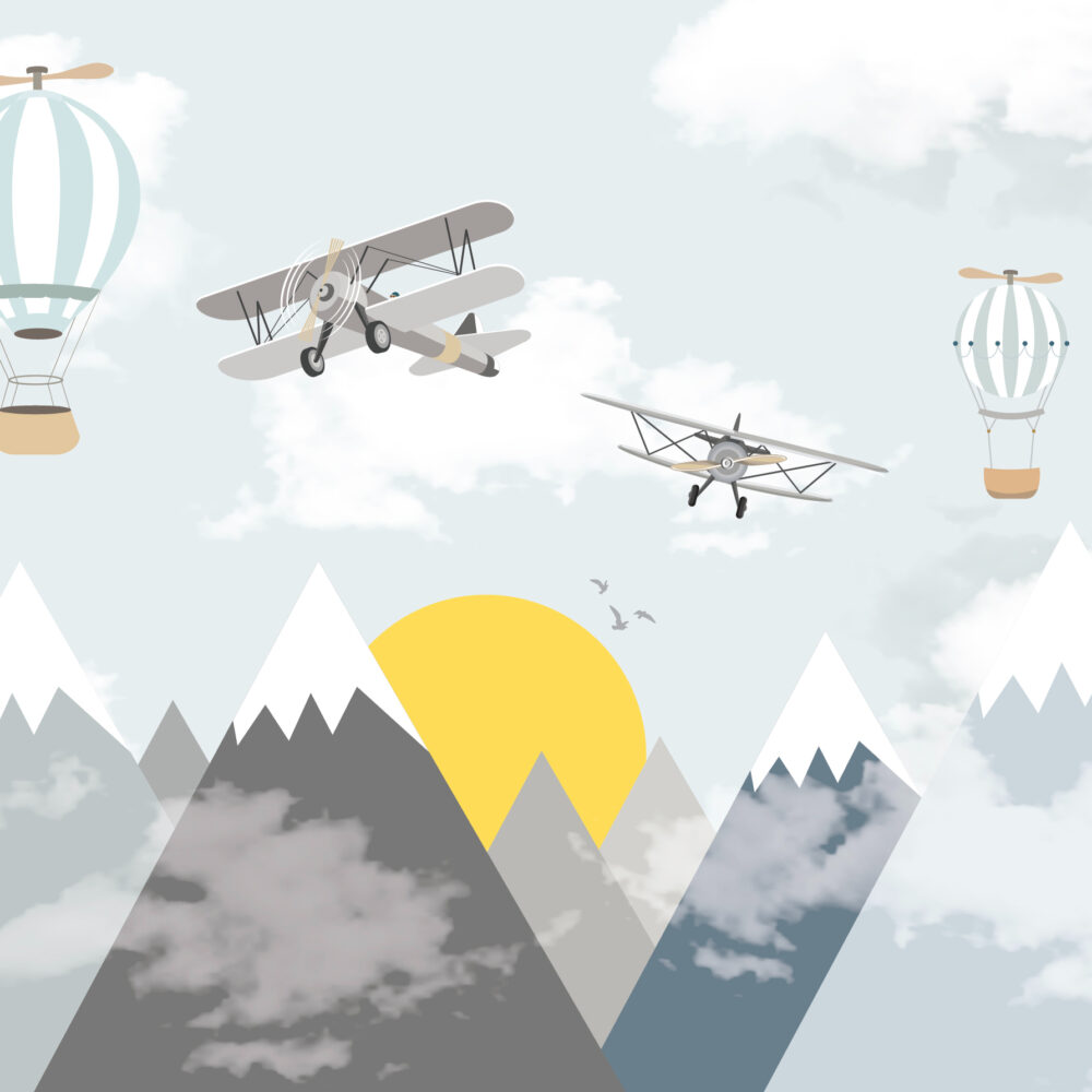 Montañas con sol y aviones