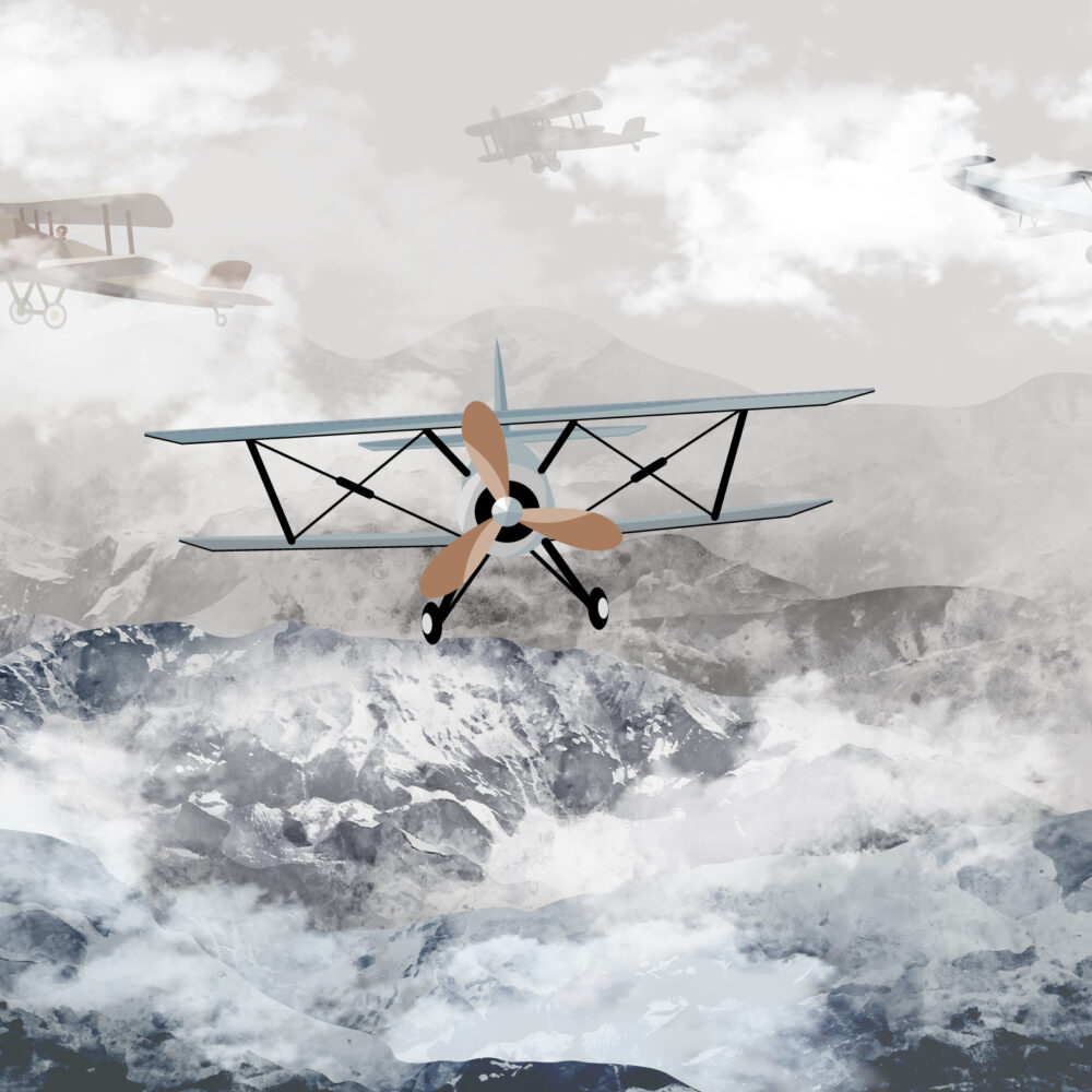 Aviones sobre las montañas neblinosas