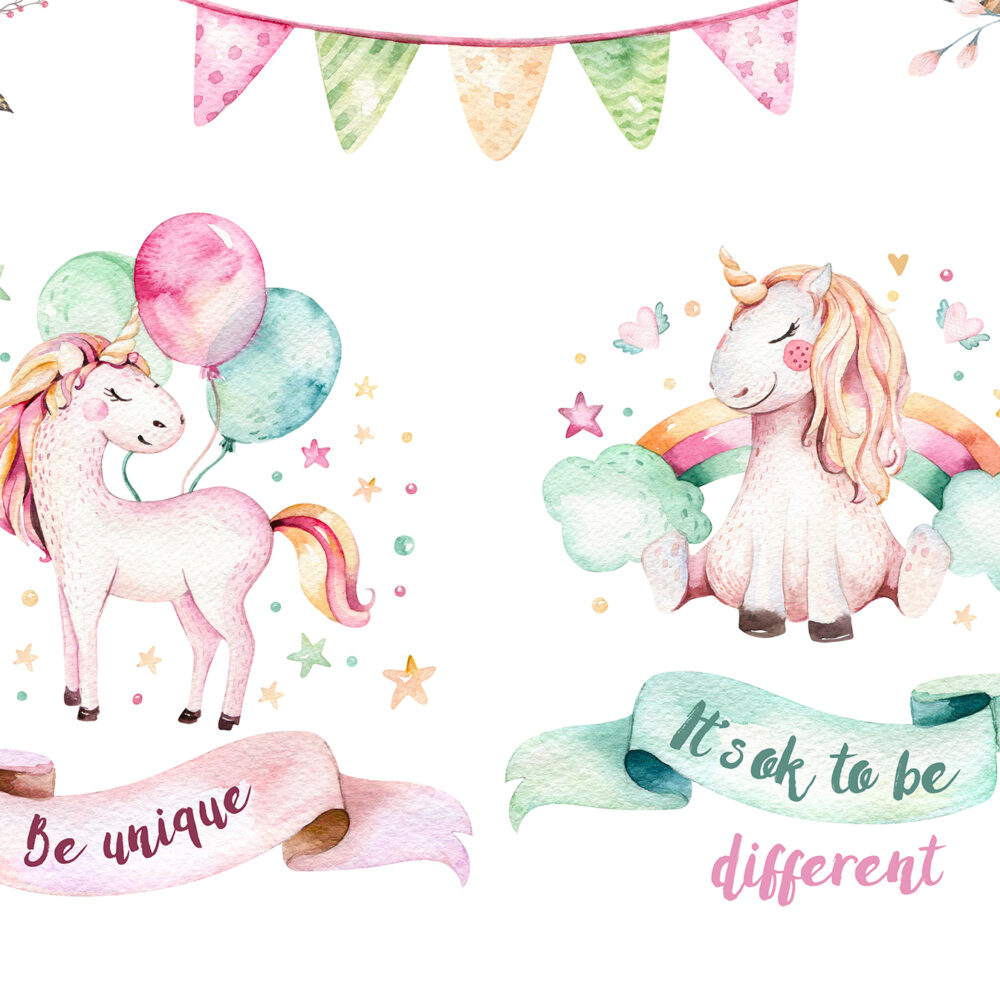 Unicornios con globos y arco iris