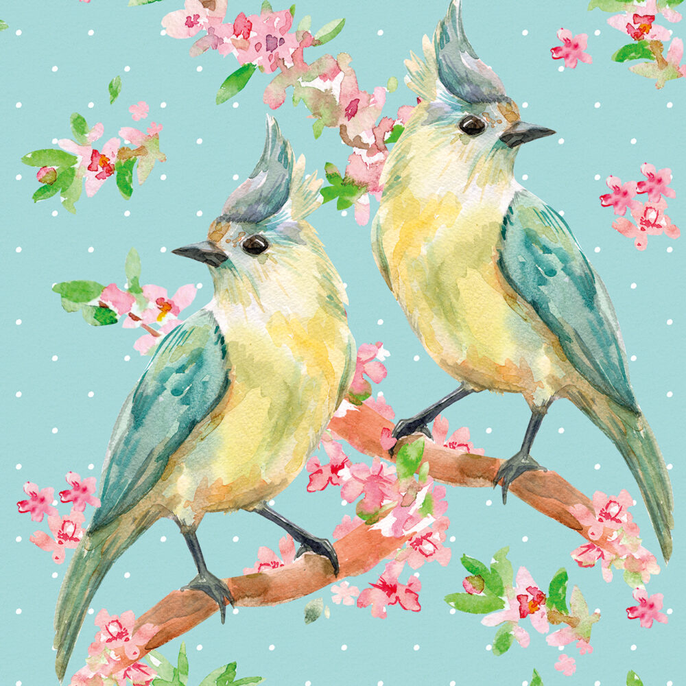 Pájaros amarillos sobre azul
