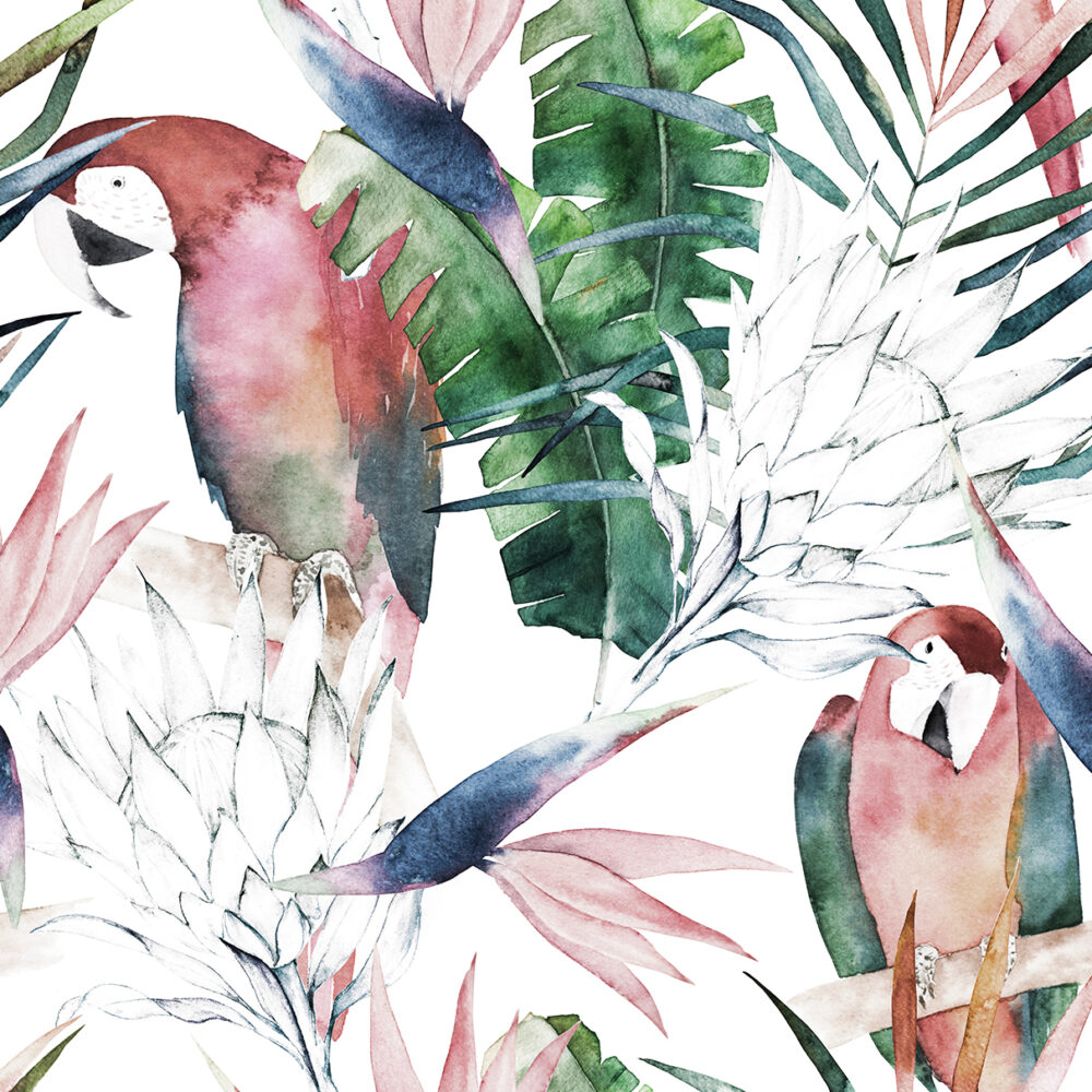 Loros en hojas tropicales