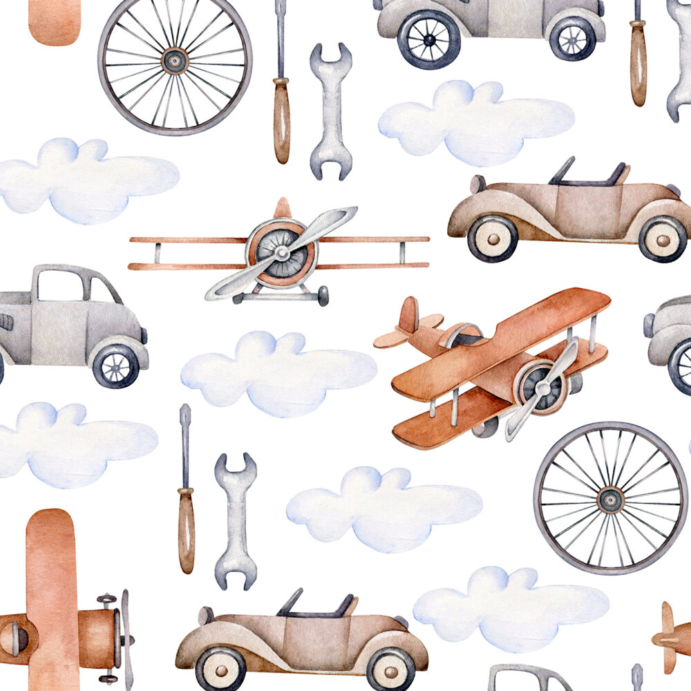 Dibujo con coches y aviones retro