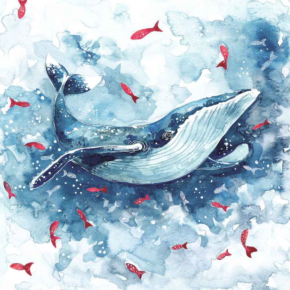 Una ballena con peces rojos