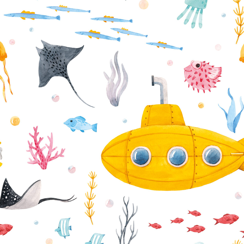 Un dibujo con un submarino amarillo